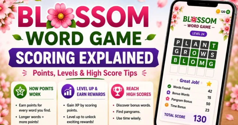 Blossom Word Game score secrets — infographic explaining bonus words, pangram bonus, time bonus, and how to reach a high score