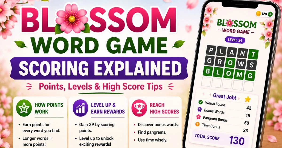 Blossom Word Game score secrets — infographic explaining bonus words, pangram bonus, time bonus, and how to reach a high score