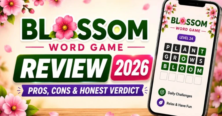 Blossom Word Game review showing gameplay and a Blossom-style word puzzle on a smartphone