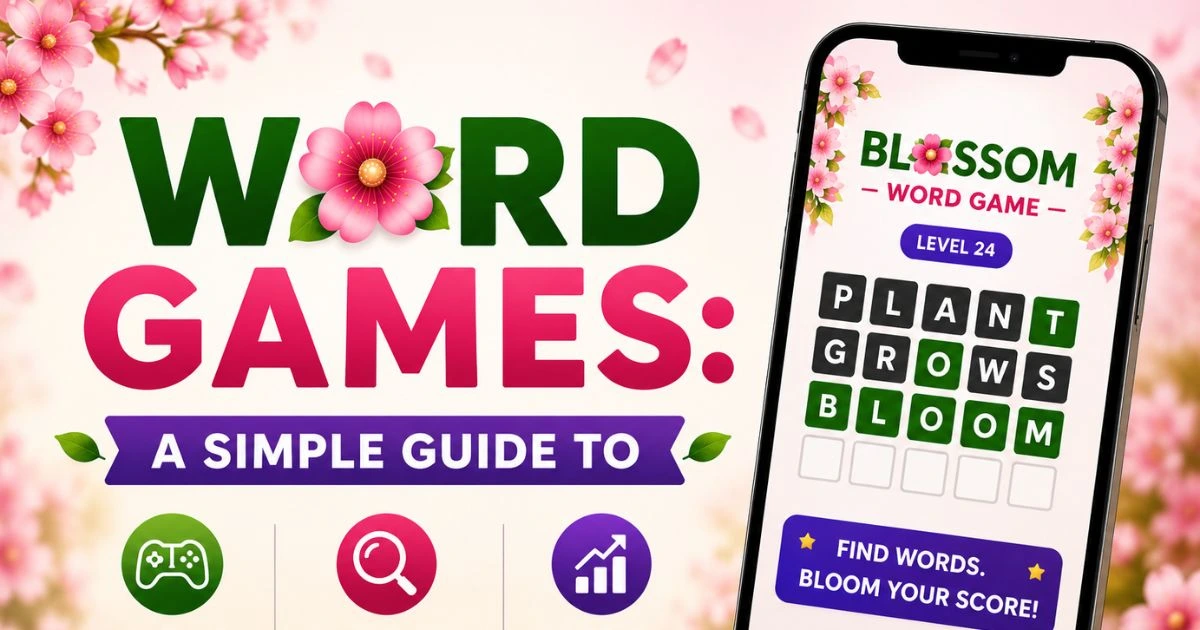 Word Games guide featuring a Blossom-style word puzzle on a smartphone