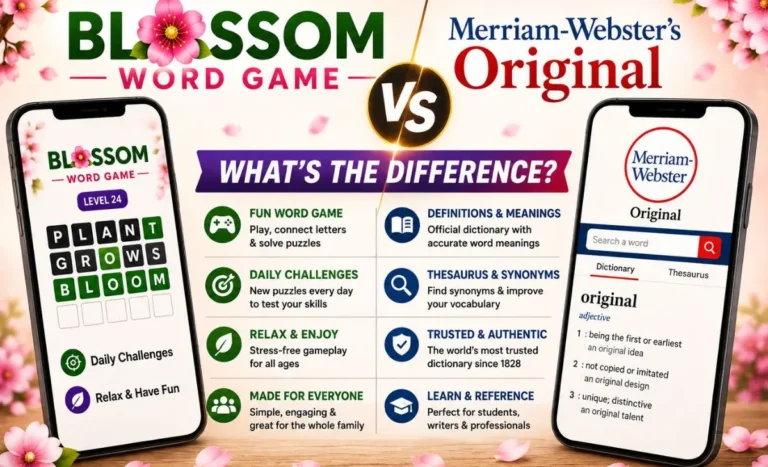 Comparison graphic showing Blossom Word Game app screen next to Merriam-Webster's dictionary website, highlighting features of each