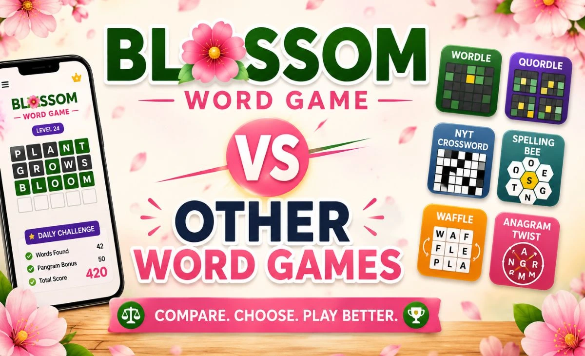 Blossom Word Game vs other popular word games comparison, including Wordle, Quordle, Spelling Bee and Waffle
