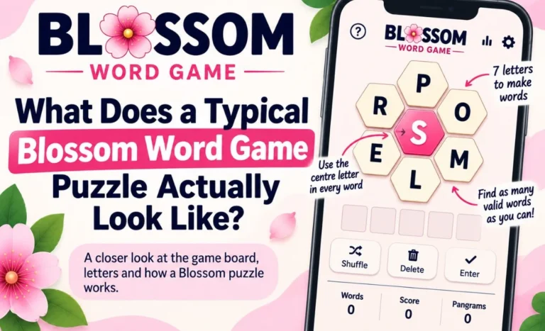 Blossom Word Game honeycomb puzzle showing a typical letter combination and centre letter