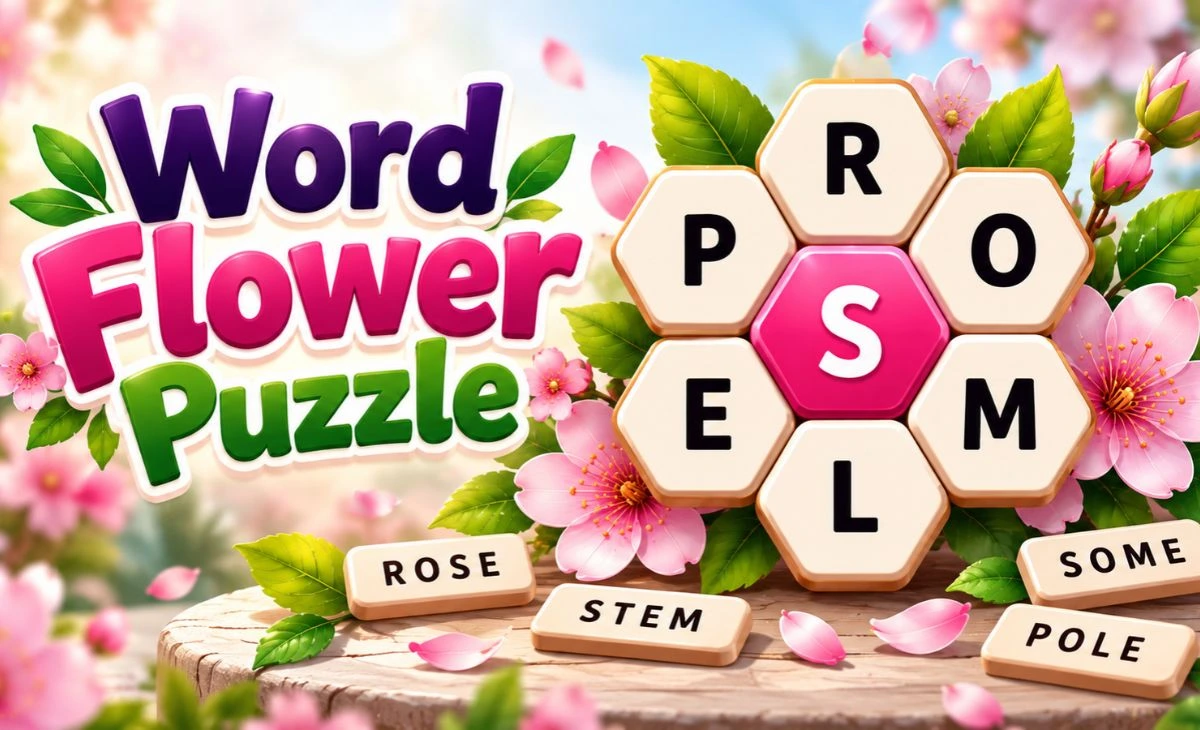 Flower-shaped word puzzle with seven letters and a centre letter